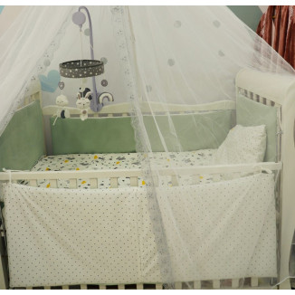 مفرش سرير بيبي مع جوانب حماية ومخدات ديكور – قماشة وفل قطنية بلون أخضر باستيل