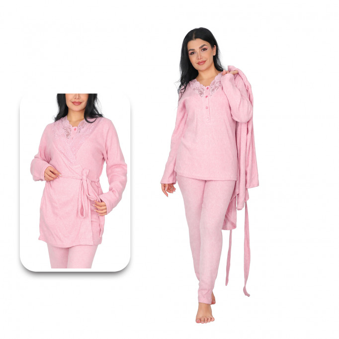 طقم نوم شتوي مع روب خميل قبة دانتيل – خامة ناعمة ودافئة