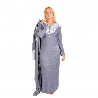 قميص نوم شتوي رمادي بقبة دانتيل مع روب – خامة مصوفة دافئة