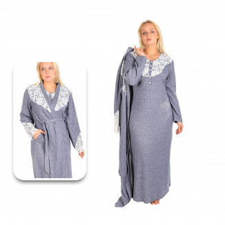 قميص نوم شتوي رمادي بقبة دانتيل مع روب – خامة مصوفة دافئة