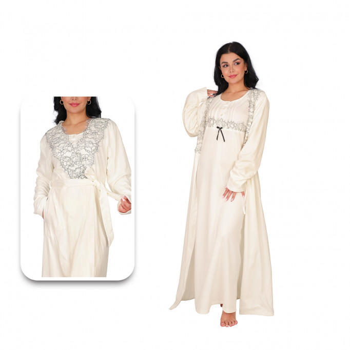 قميص نوم طويل مع روب دانتيل – أناقة وراحة شتوية