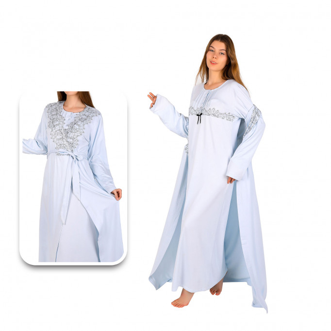 قميص نوم طويل مع روب دانتيل – أناقة وراحة شتوية