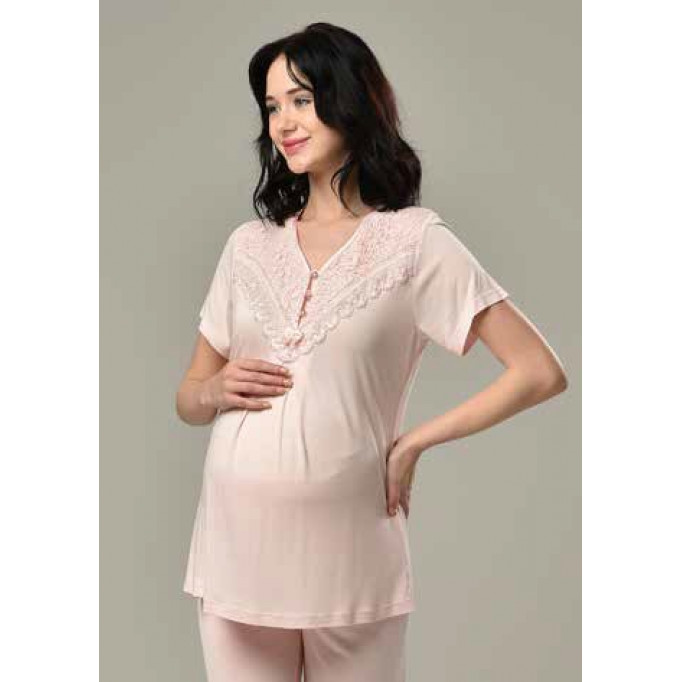 بيجاما حمل نص كم مع روب محزز بتصميم أنيق وقبة دنتيل ناعمة
