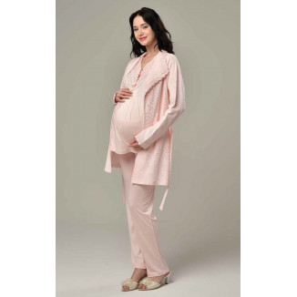 بيجاما حمل نص كم مع روب محزز بتصميم أنيق وقبة دنتيل ناعمة