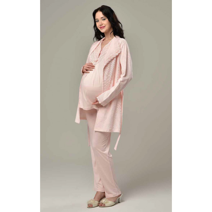 بيجاما حمل نص كم مع روب محزز بتصميم أنيق وقبة دنتيل ناعمة