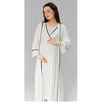 قميص نوم صيفي نص كم قبة سبعة مع فتحة رضاعة لون اوفوايت و خط اسود و روب سادة لون اوفوايت مع خط اسود