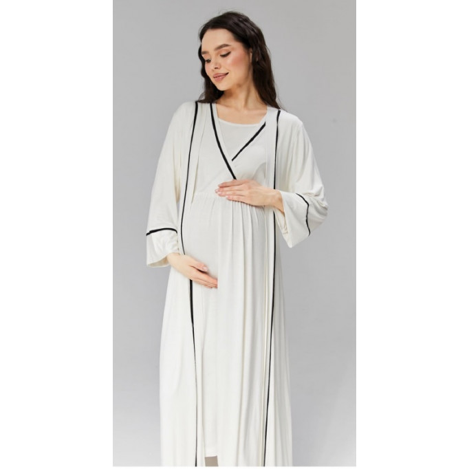 قميص نوم صيفي نص كم قبة سبعة مع فتحة رضاعة لون اوفوايت و خط اسود و روب سادة لون اوفوايت مع خط اسود