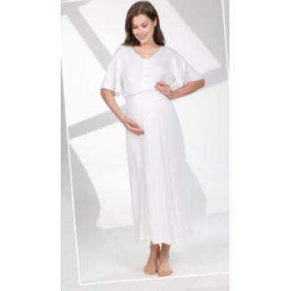 قميص نوم صيفي  نص كم قبة مع ازرار لون ابيض و خط ازرق و روب سادة لون ابيض وخط ازرق على القبة