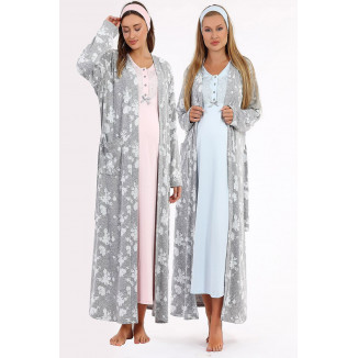 قميص نوم طويل كم طويل مصوف قبة دانتيل مع روب ورد