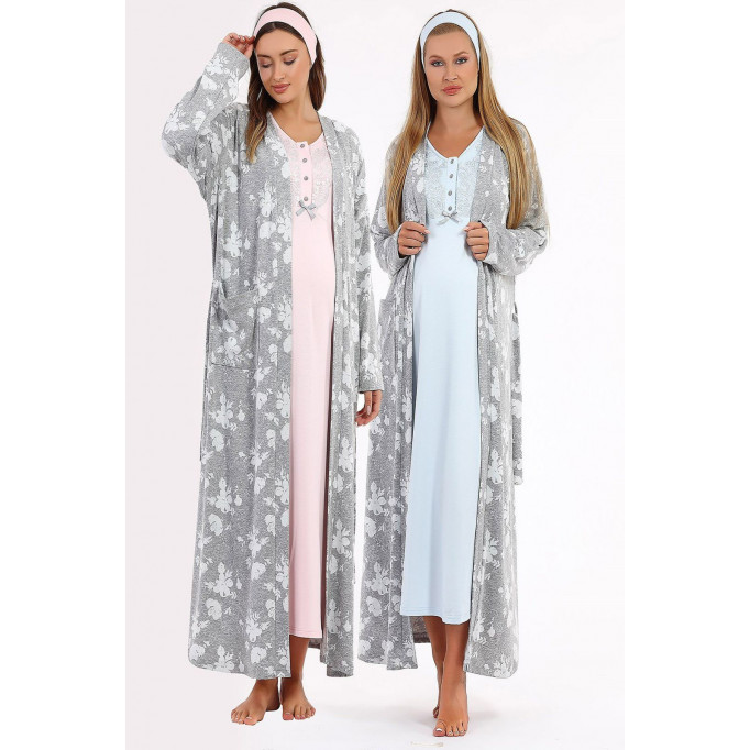 قميص نوم طويل كم طويل مصوف قبة دانتيل مع روب ورد